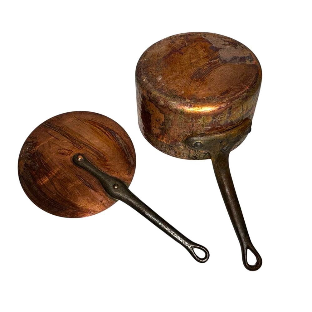 E Dehillerin Paris 8" Copper Saucepan Tin Interior Cast Iron Handle with Lid